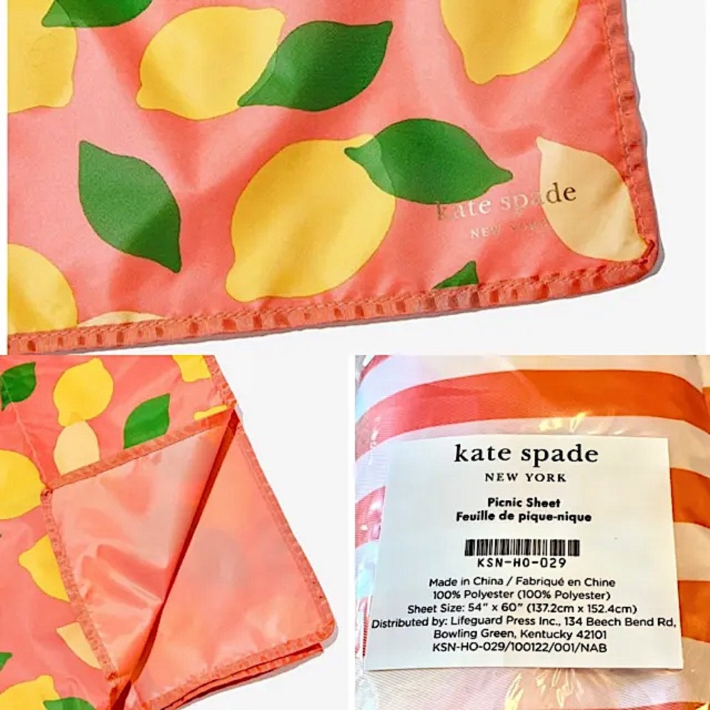 Kate Spade Picnic Sheet - Lemon Print, Striped bag. Brand new, unopened.